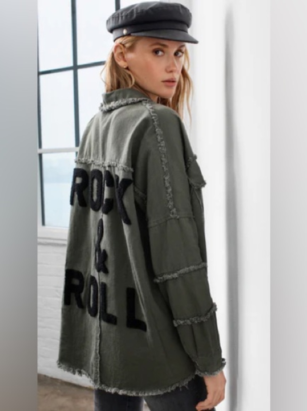 Elan Olive Green Fringe-Trim 'Rock & Roll' Oversized Utility Jacket